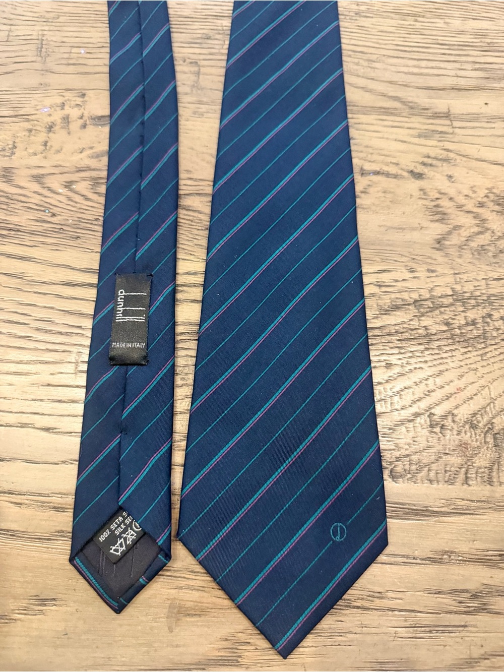 Dunhill Navy Silk Tie with Teal and Purple Pinstripes